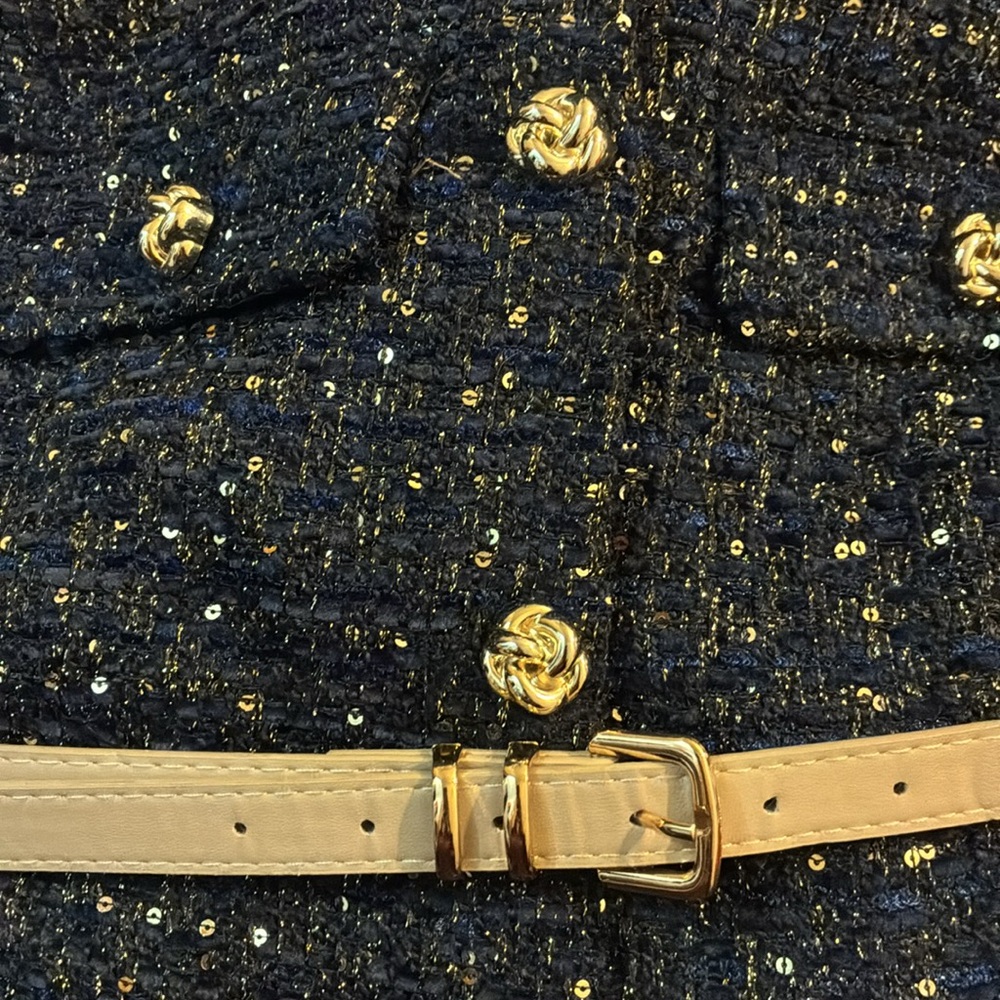 Zara Navy Sparkle Tweed Sleeveless Top with Gold Buttons - Picture 2 of 5